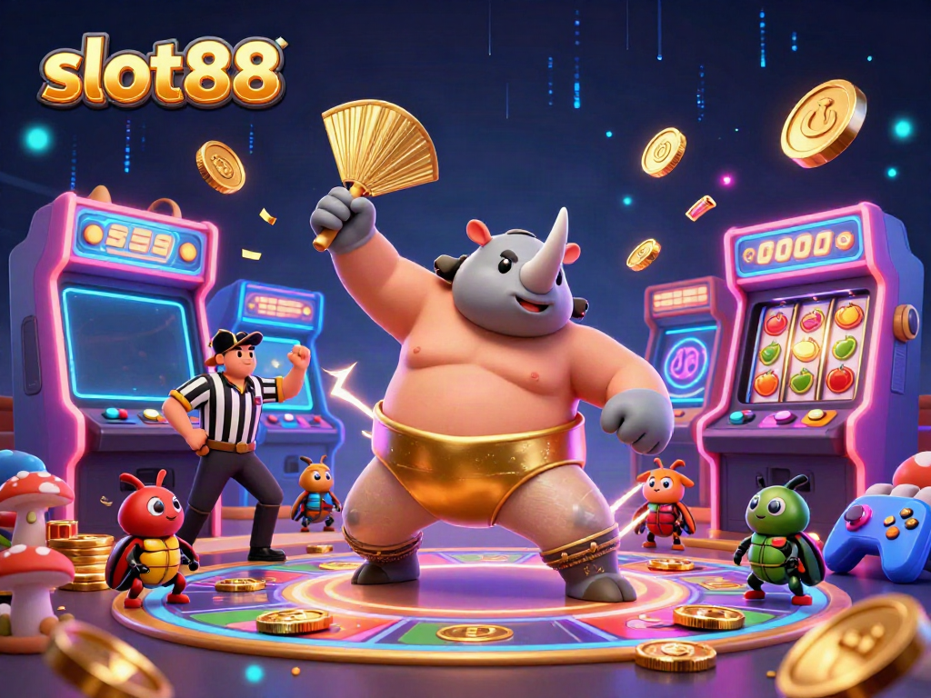 Experience the excitement of slot88 with a dynamic 3D cartoon illustration of a rhinoceros beetle sumo champion, golden coins, and vibrant game elements.