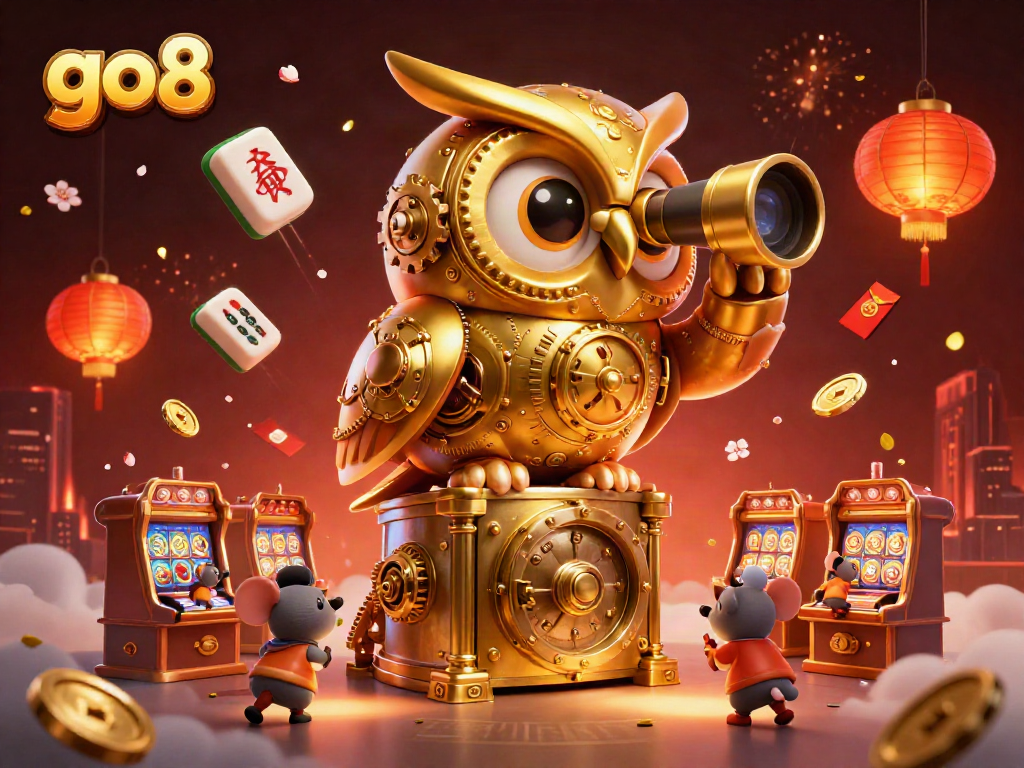 Experience the go8 excitement with a clockwork owl surveying a bustling casino scene.