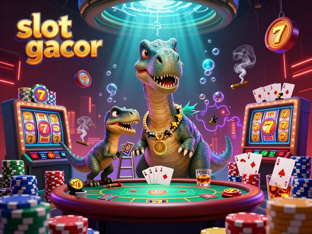 The brontosaurus watches over a vibrant slot gacor scene with a raptor dealing cards at a poker table.