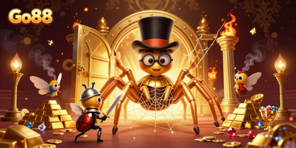 Engage with Go88's vibrant casino world through a whimsical golden tarantula and brave beetle knight.