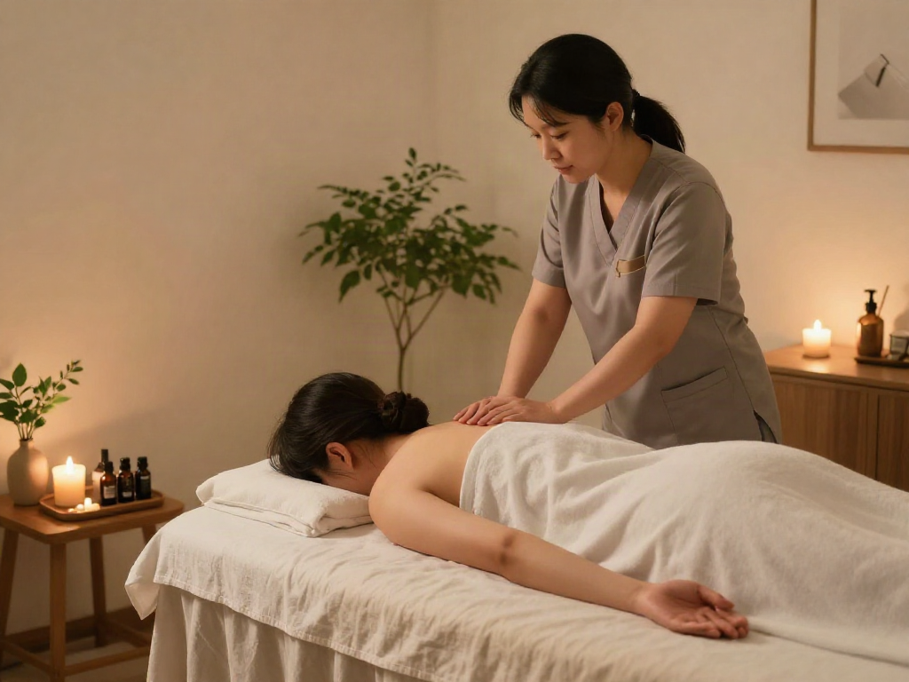 Client enjoying 김포출장마사지 in a tranquil home spa environment with soothing elements.
