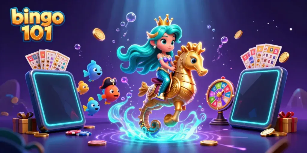Putri duyung bermain bingo 101 dengan hadiah melimpah dalam ilustrasi penuh warna.