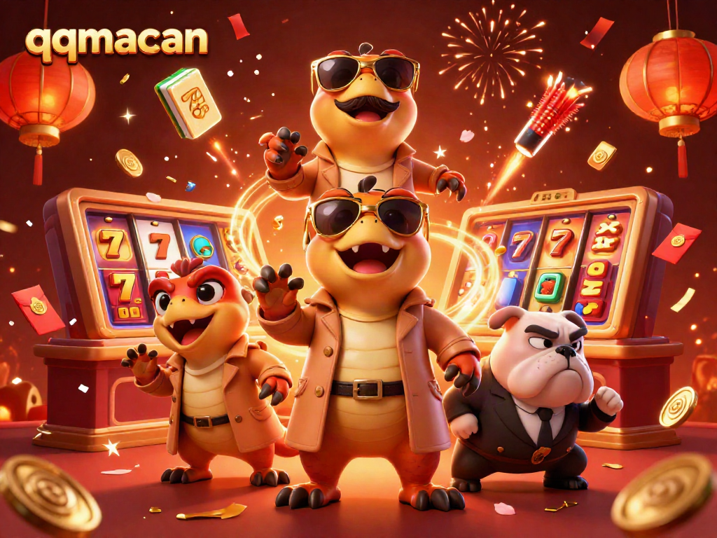 Experience the thrill of qqmacan with three cartoon raptors disguised as a tall player entering a casino.