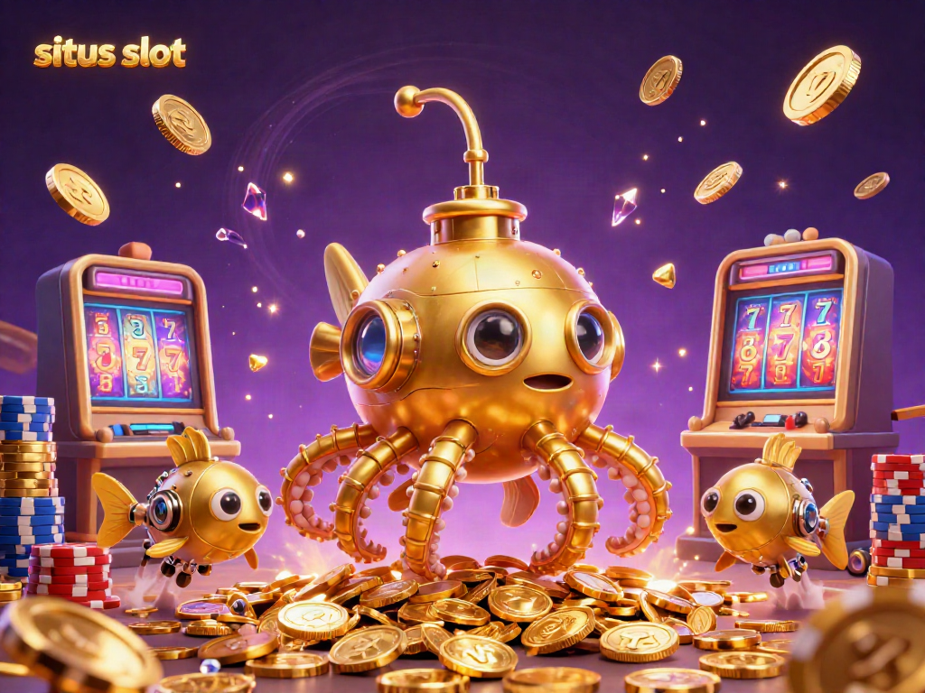 Merayakan kemenangan situs slot dengan kraken emas dan koin mengalir, visual 3D menakjubkan.