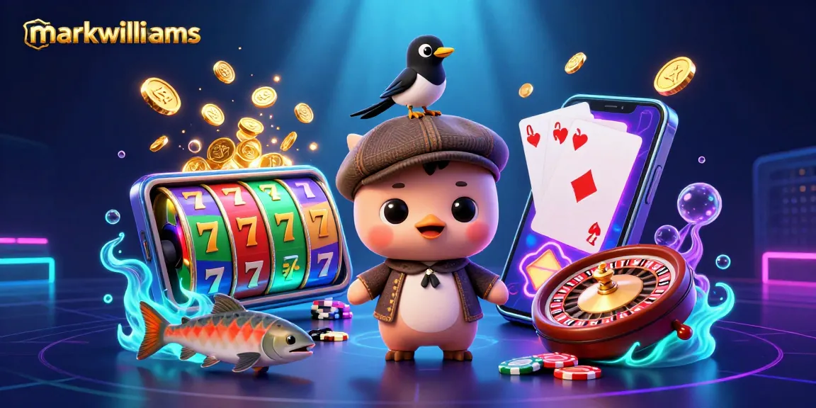 Mark Williams slots experience with a cute cartoon Nessie, vibrant casino elements, and dynamic gameplay.