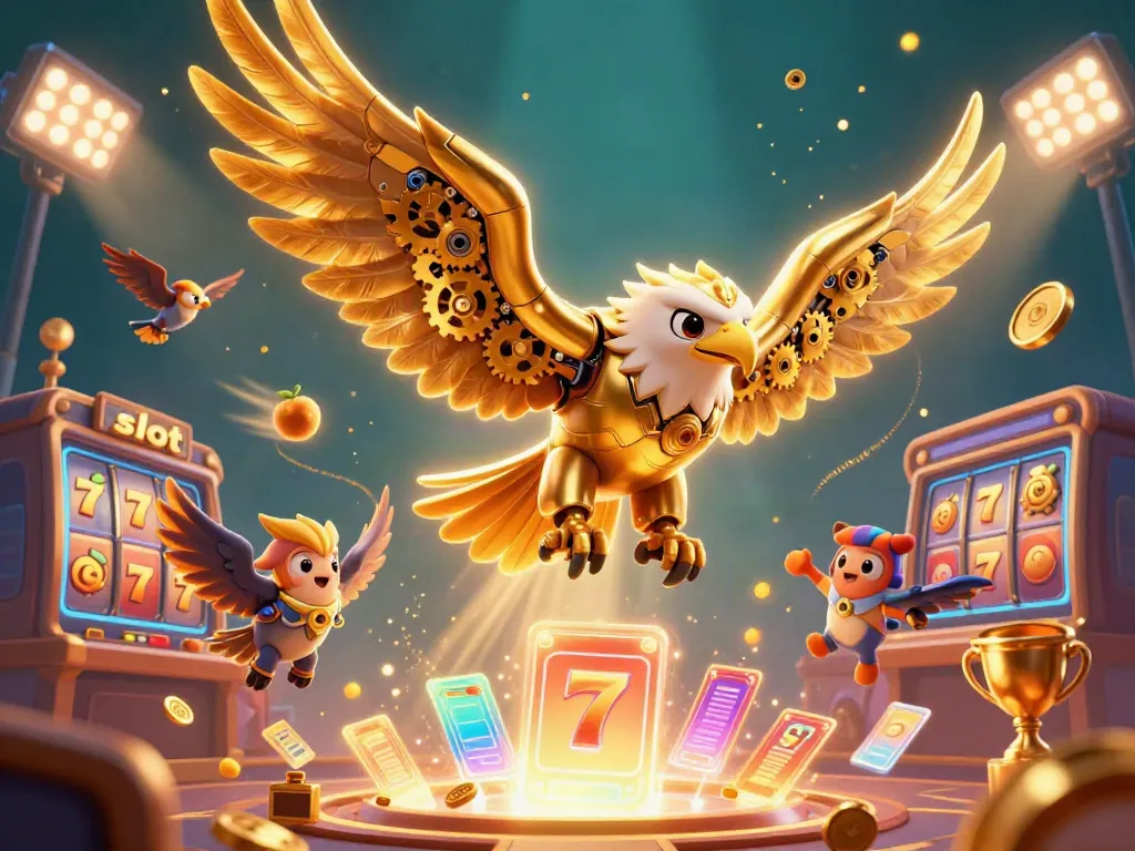 Experience the thrill of slot machines with an illustrated 3D golden eagle surrounded by jackpot elements.