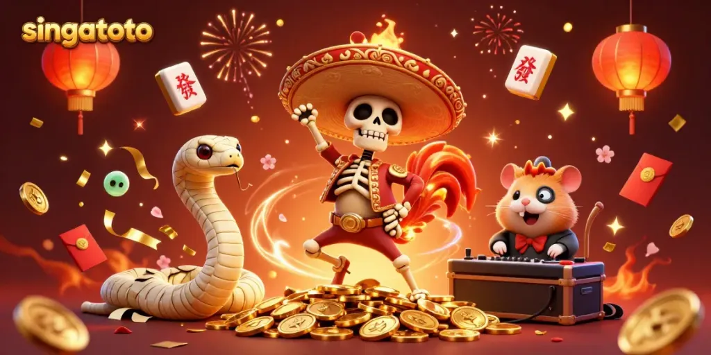 Winning at singatoto: A celebratory scene featuring colorful characters in a dynamic cash-filled background.