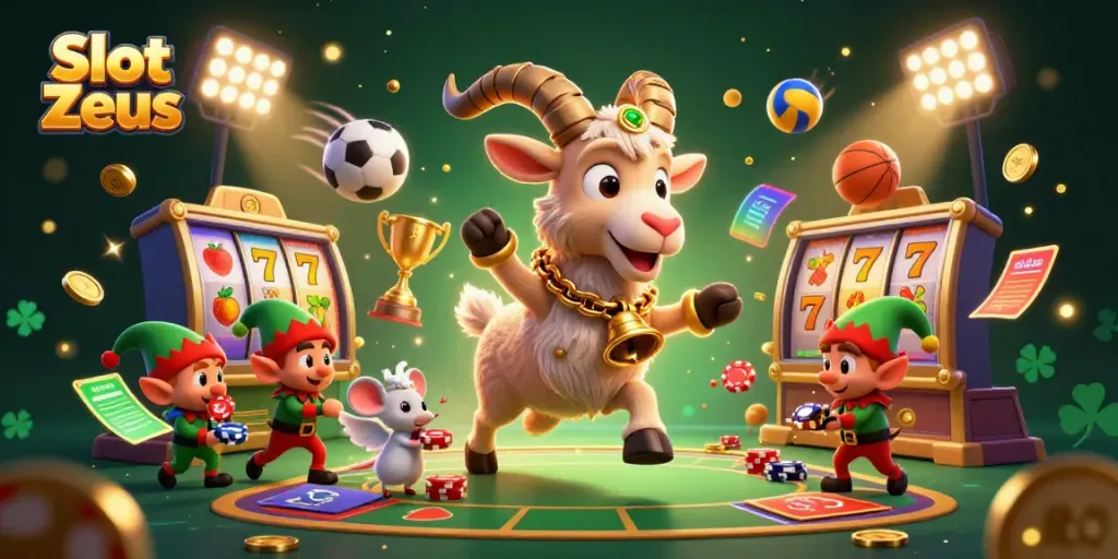 Mainkan Slot Zeus dengan suasana kasino yang meriah di ilustrasi 3D yang kaya warna.
