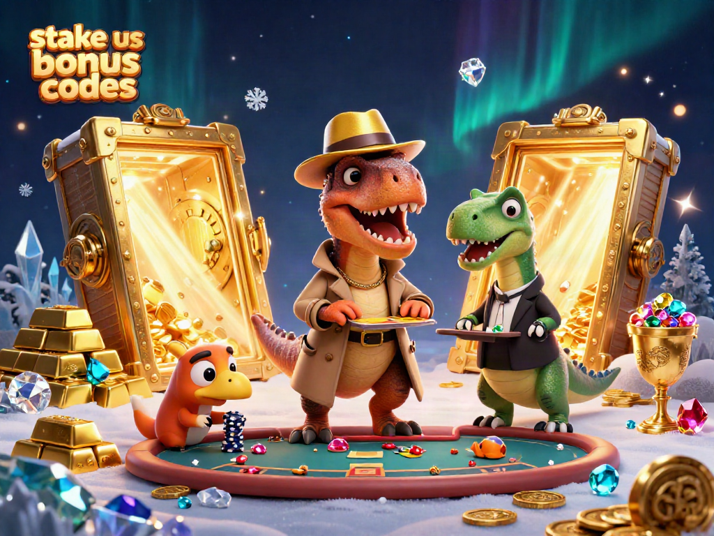 Stake us bonus codes illuminate a playful gaming scene with animated dinosaurs in action.