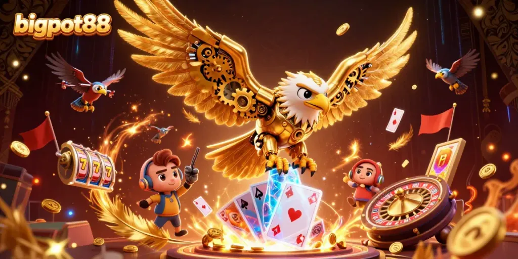 Experience the thrill of bigpot88 with a golden eagle diving through playing cards at a vibrant casino.