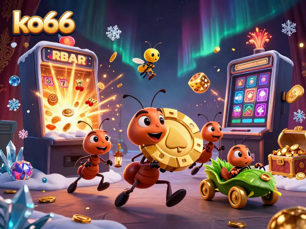 Watch ko66's 3D cartoon ants heist poker chips amidst a jackpot explosion at a casino.