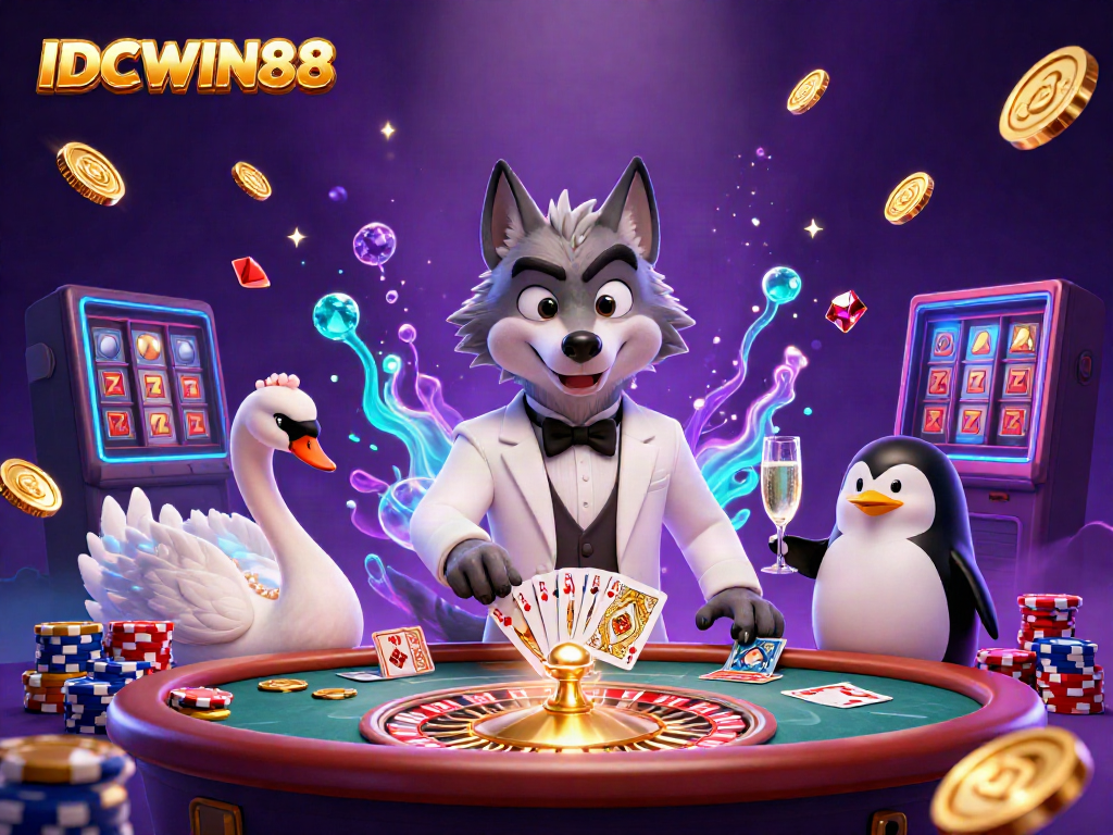 Experience the vibrant IDCWIN88 casino scene with a debonair wolf, swan dealer, and penguin sommelier.
