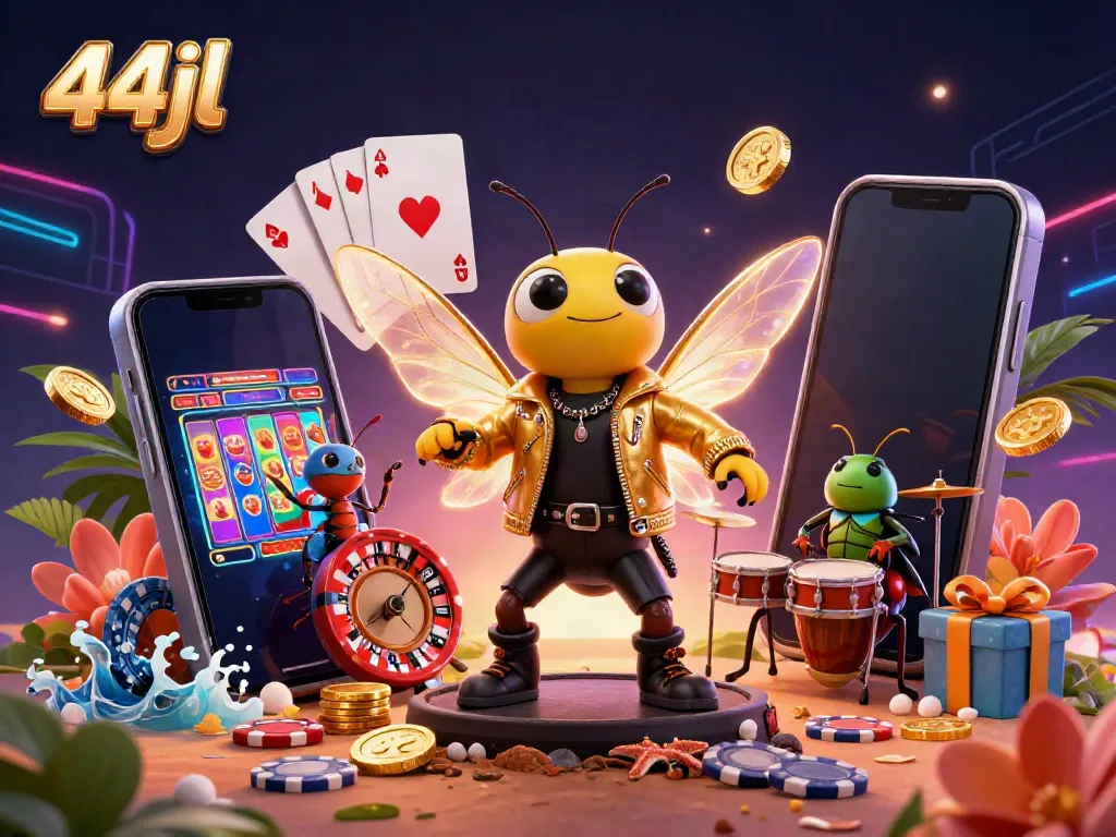 Engage in thrilling moments of 44jl casino with a vibrant 3D illustration of a rock star cicada and dynamic game elements.