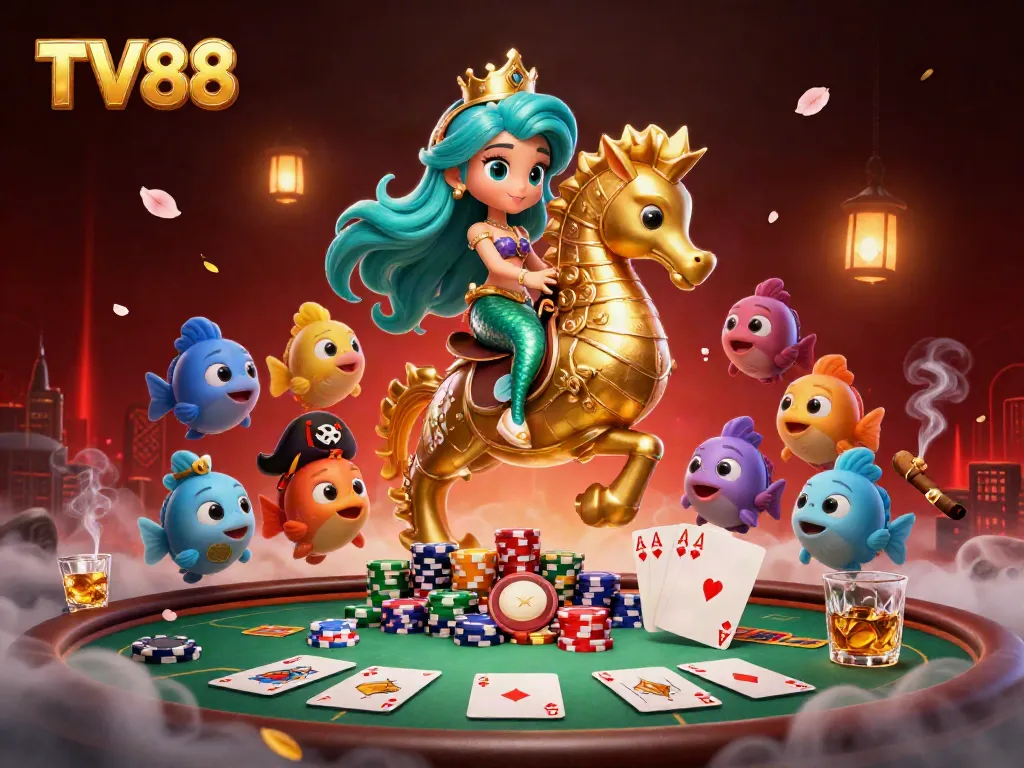 Experience thrilling gaming at TV88 with a vibrant mermaid princess and spirited fish in an energetic casino scene.