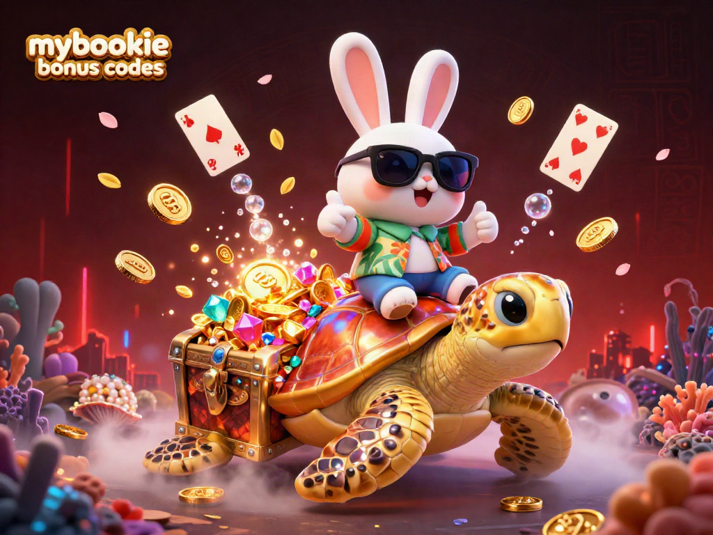 Join the excitement with mybookie bonus codes while riding luck on a golden turtle amid casino treasures!