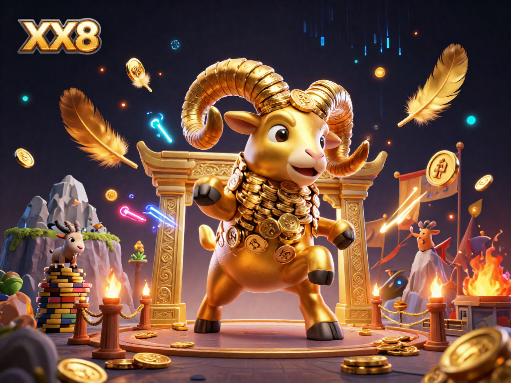 Experience the thrilling charge of XX8 at the casino with our dynamic golden ram surrounded by vibrant gaming elements.