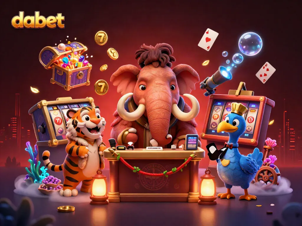Experience the fun at dabet with a vibrant 3D casino scene showcasing characters and slot game action.