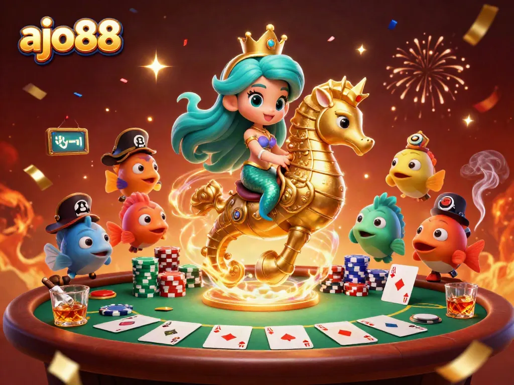 AJO88 menawarkan pengalaman permainan yang menarik dengan meja poker penuh chip dan kemerahan yang menawan.