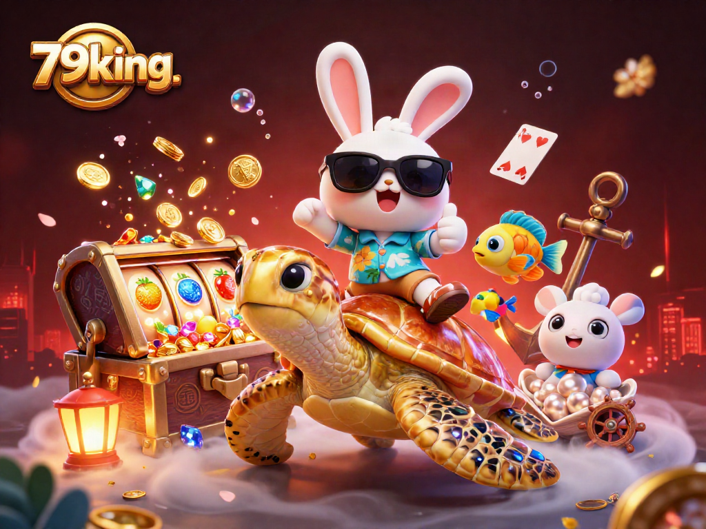 Spin and win with 79king. in a vibrant casino scene featuring a lucky rabbit and golden turtle.