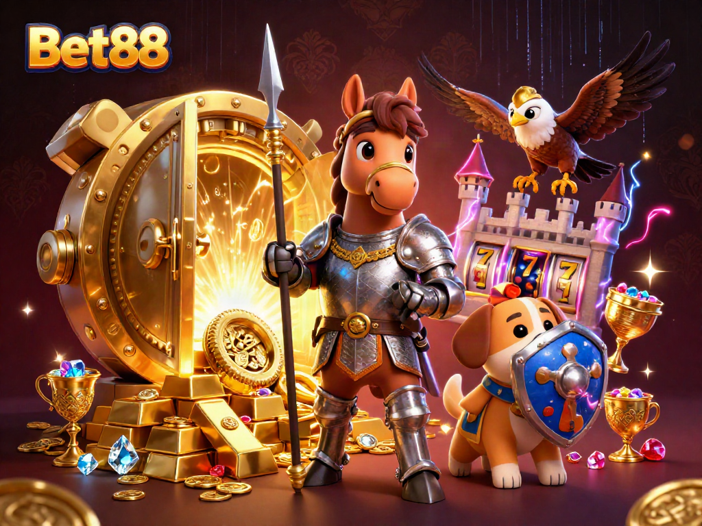 Experience thrilling wins with Bet88 in this vibrant 3D casino scene packed with treasures.