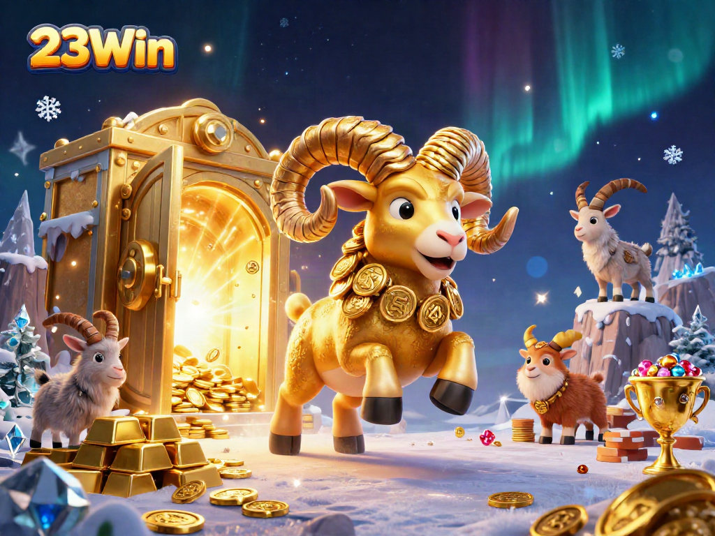 Experience exciting wins with 23Win's vibrant casino games featuring a golden ram illustration.