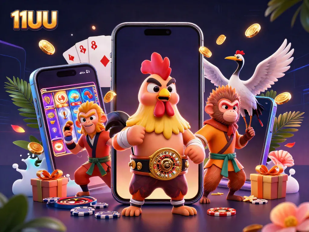 Experience excitement at 11UU with colorful slot games and thrilling characters in a vibrant casino scene.