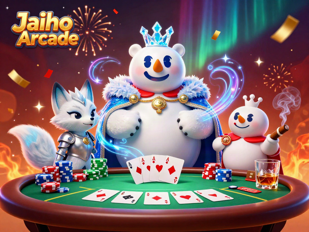 Engage with Jaiho Arcade's vibrant poker scene featuring a polar bear and snow fox in action.