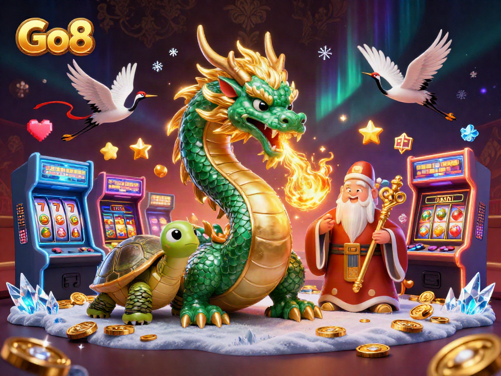 Engage with Go8 casino excitement featuring a jade dragon, lucky cranes, and arcade game elements.