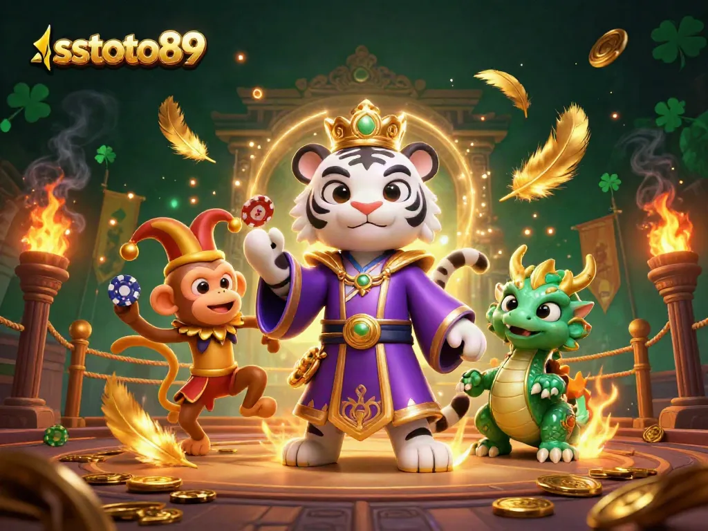 Gambarkan sstoto89 dengan harimau putih bermahkota dan monyet mengocok jeton di arena judi.