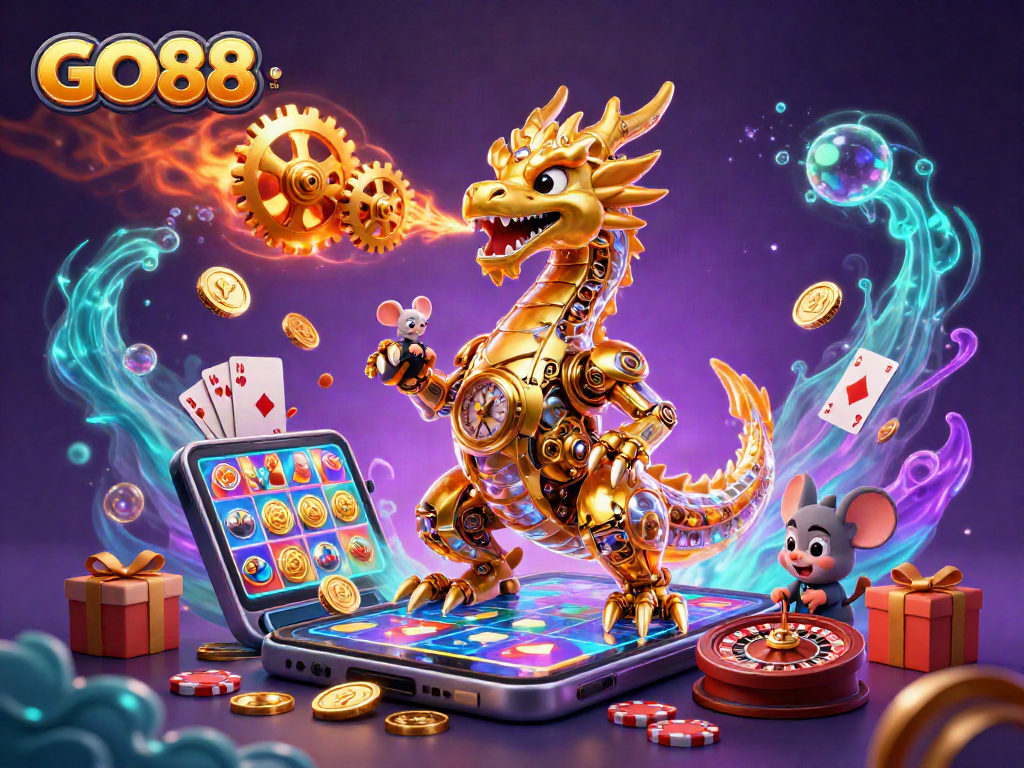 Experience winning at GO88 with a vibrant 3D dragon scene, showcasing exciting gaming elements.