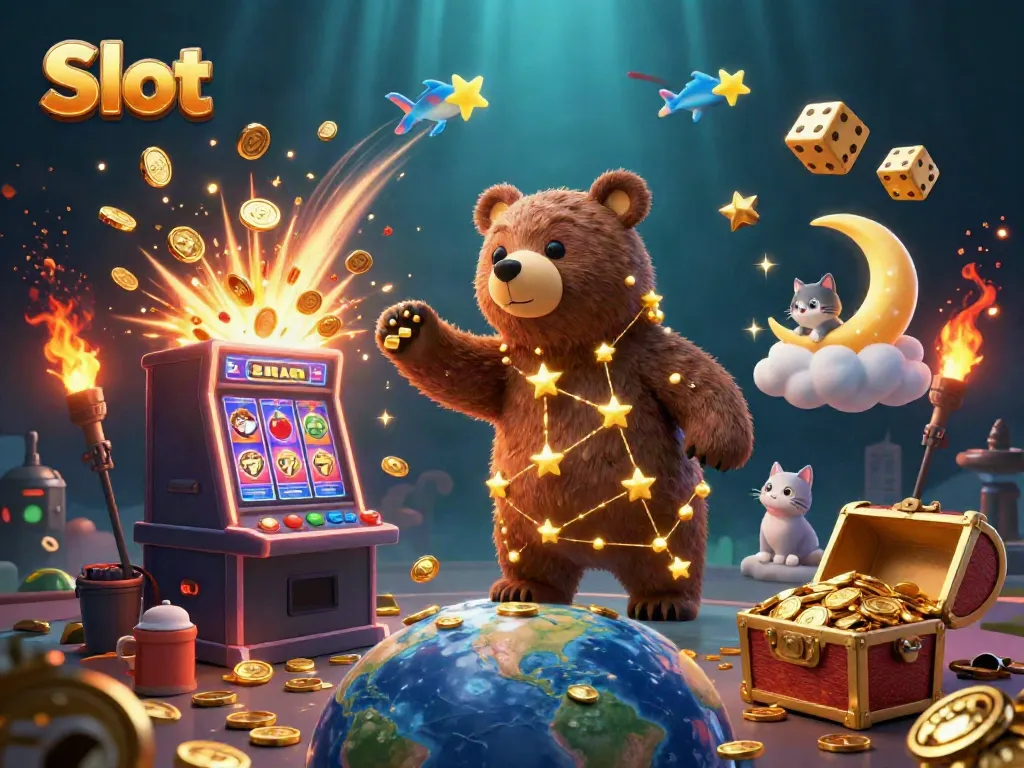 Experience mega wins with vibrant Slot-themed characters and overflowing jackpots in a 3D casino scene.