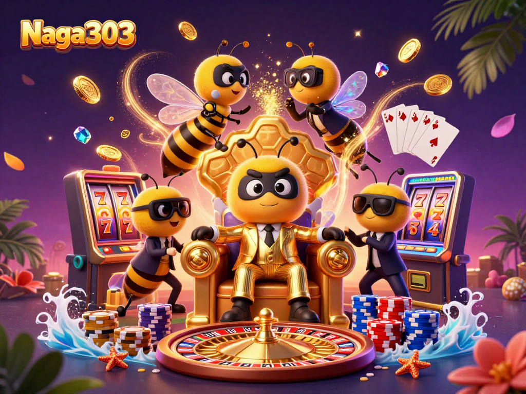 Naga303 menghadirkan suasana kasino online yang meriah dengan simbol slot, koin emas, dan elemen judi lainnya.