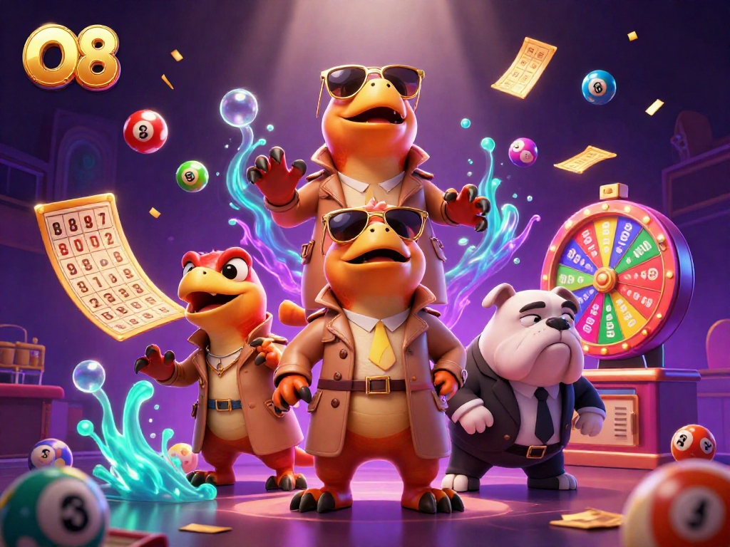 Experience O8's vibrant gaming excitement with colorful lottery elements and playful raptors in a casino scene.