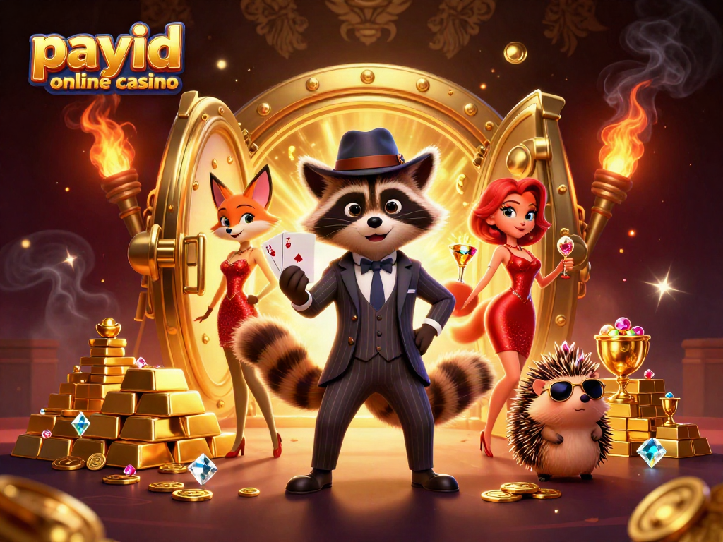 Experience the excitement at a payid online casino with a raccoon, fox, and hedgehog in a dynamic scene.