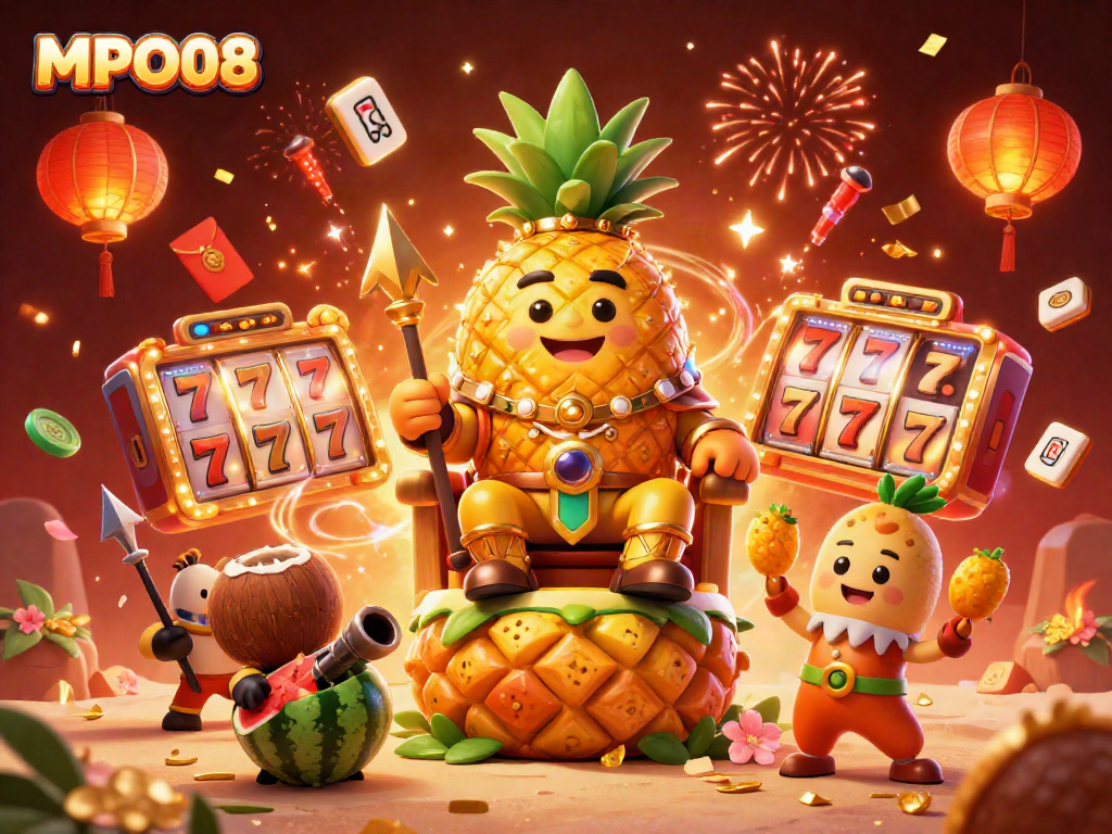 Spin the reels with MPO08, featuring vibrant characters and festive casino elements in a dynamic scene.