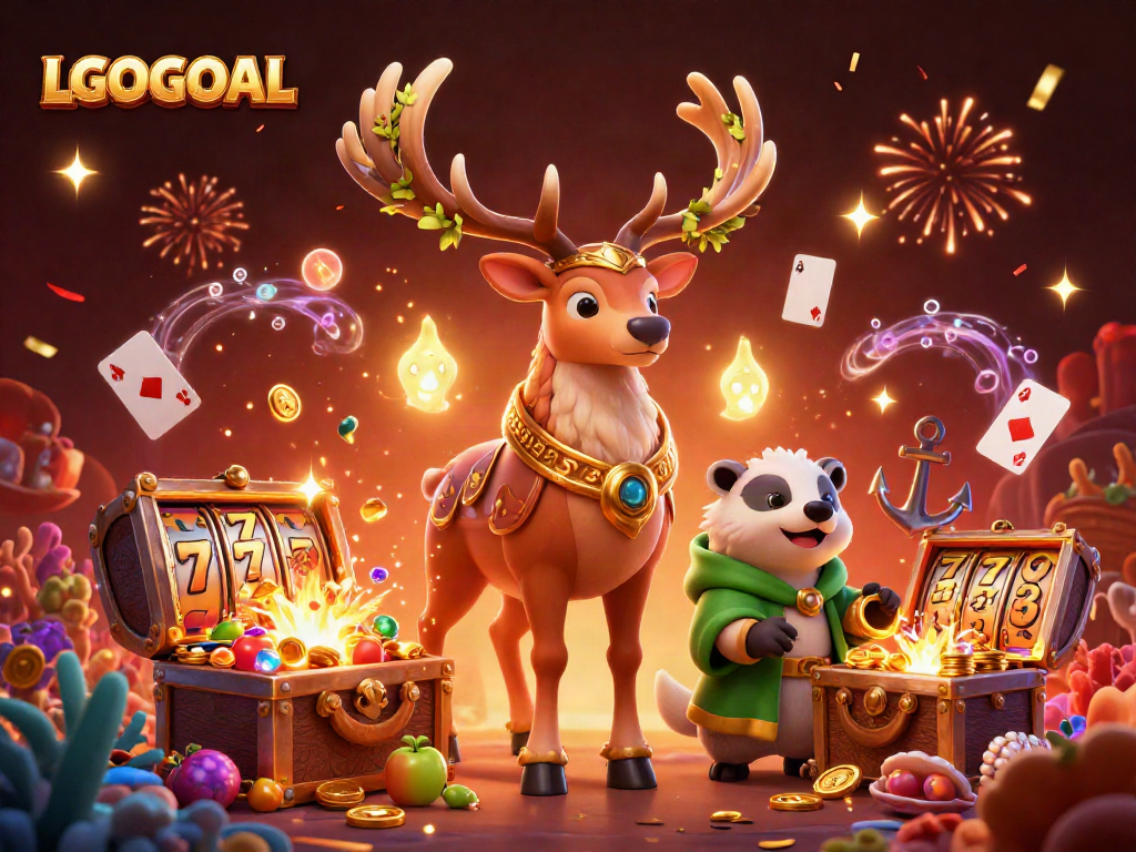 Play slots and win big with LGOGOAL, featuring vibrant characters and rich casino elements.