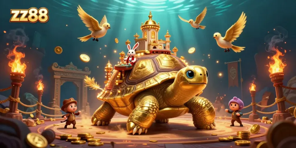 Experience the thrill of zx88 in an engaging casino scene with a golden tortoise and dealer.