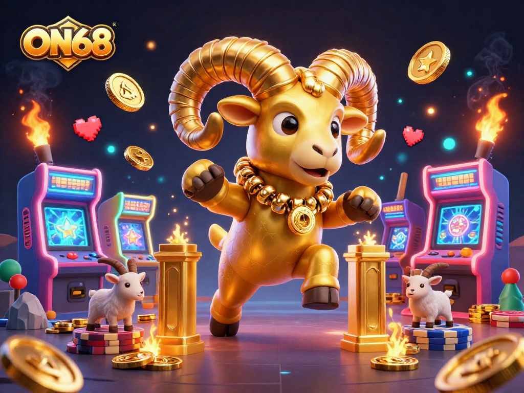 Experience the excitement of ON68 with a dynamic 3D illustration featuring a charging golden ram at a casino.