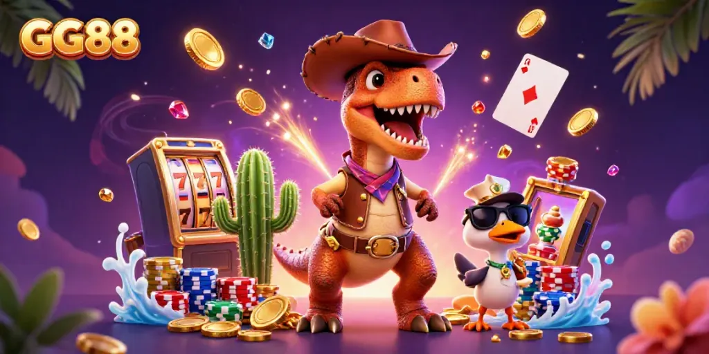 Win big with GG88 in a vibrant 3D casino scene filled with slot reels, coins, and playful characters.