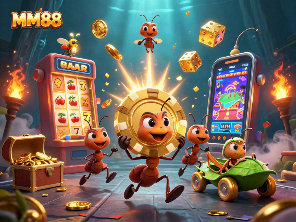 Engage with MM88's thrilling casino world through a cartoon heist scene featuring colorful slot machines.