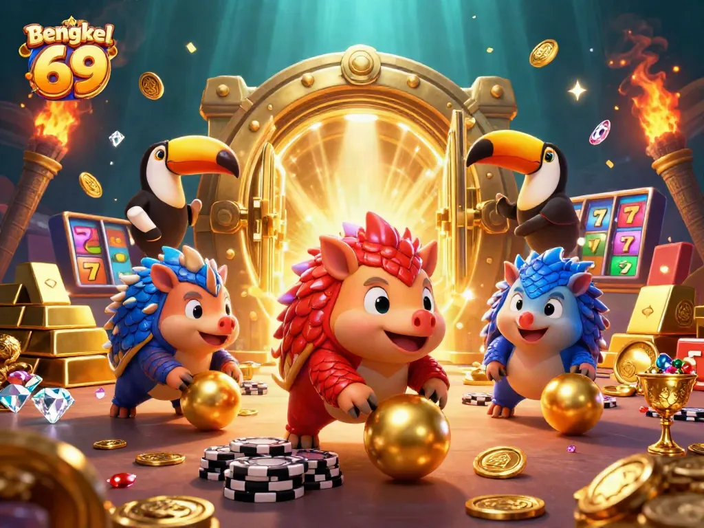 Experience the thrill of Bengkel 69 with dynamic pangolins battling for poker glory amidst treasure and cheerful chaos.