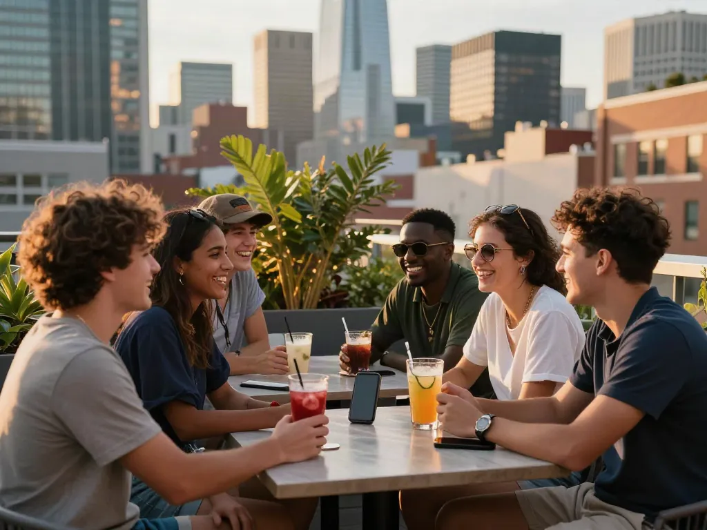Friends enjoying urban café moments, peh888 lifestyle captured at sunset.