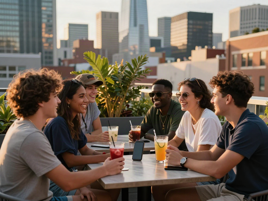 Friends enjoying urban café moments, peh888 lifestyle captured at sunset.