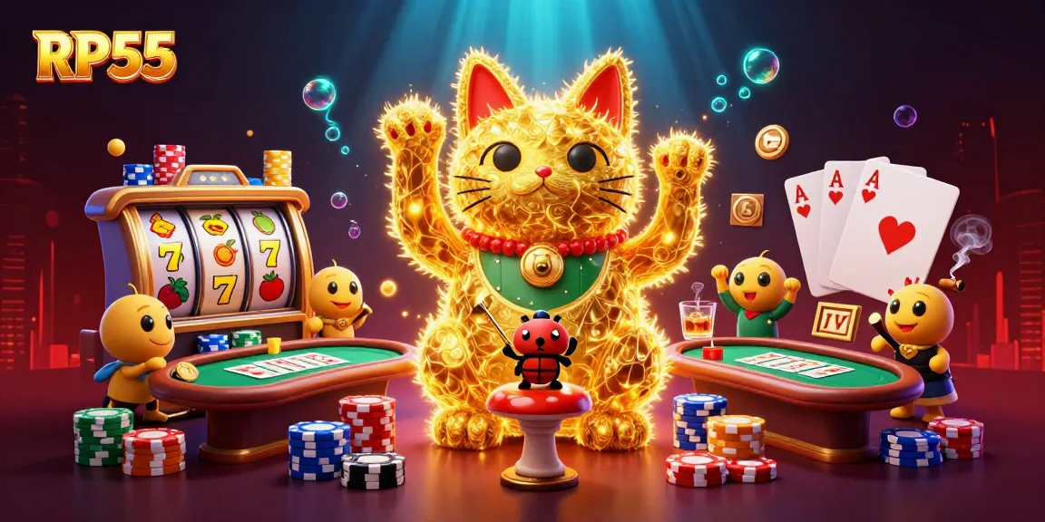 Experience the excitement of RP55 with a vibrant 3D illustration featuring a lucky cat amidst casino symbols.