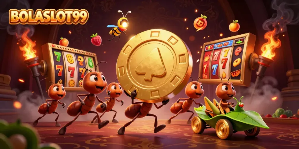 BOLASLOT99 features cartoon ants heisting a giant poker chip with vibrant slot game elements.