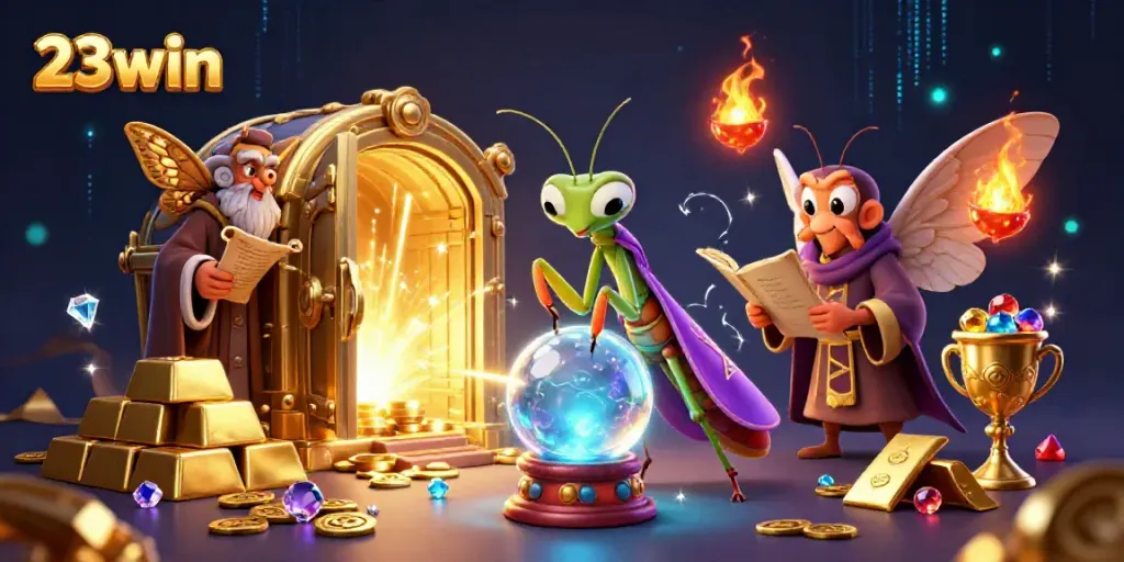 Experience the magic of 23win with a vibrant casino scene showcasing a fortune teller and treasures.
