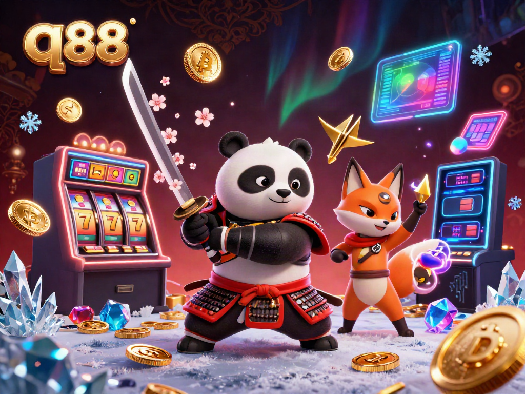 Engage in exciting q88 casino adventures with a vibrant samurai panda and ninja fox.