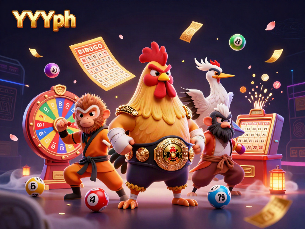 Engage with YYYph's exciting gaming atmosphere with a Muay Thai rooster, Shaolin monkey, and crane master surrounded by vibrant gambling elements.