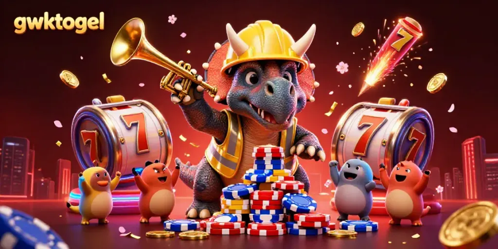 Ilustrasi 3D gwktogel dengan triceratops membangun piramida chip sambil merayakan dengan elemen permainan slot.
