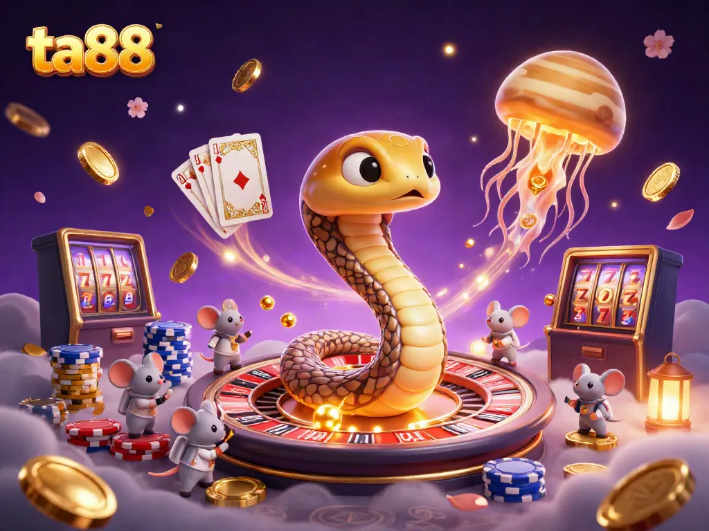 Experience thrilling cosmic gambling with ta88's playful cartoon characters and casino-themed elements.